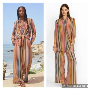 JOHNNY Was VICHY SET 3J Workshop 100% Silk Blouse Pants XS Stripe Wide Leg